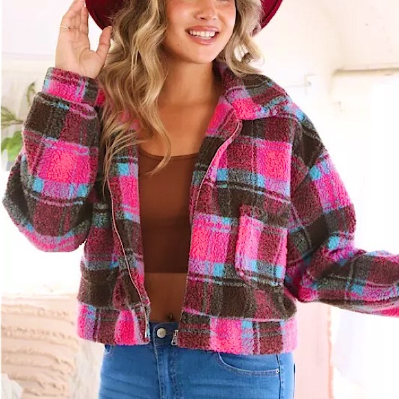 ☃️BOGO50%☃️ 🆕🩷PEACH LOVE CALIFORNIA: Plaid Sherpa Jacket LARGE •SEE VIDEO• - Picture 7 of 7